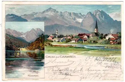 Gruss aus Garmisch m. Rissersee, 1898 gebr. Künstler Litho-AK