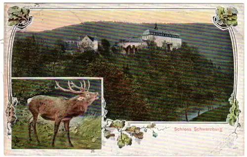 Schloss Schwarzenburg m. röhrendem Hirsch, 1925 gebr. Litho-AK