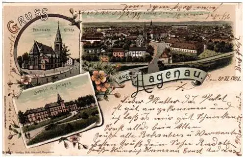 Gruss aus Hagenau (Elsass) m. Bahnhof, 1901 gebr. Litho-AK