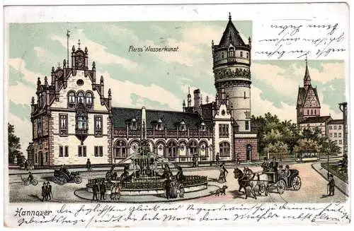 Hannover, Fluss Wasserkunst m. Pferdekutsche, Tram, Auto, 1906 gebr. Litho-AK