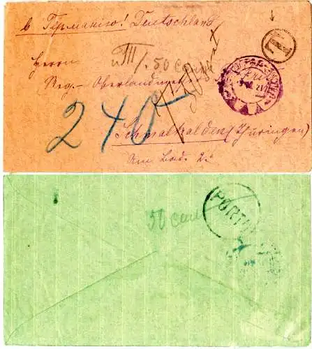 Russland 1921, unfrankierter Brief m. Porto Stempel u. DR Infla Porto 240 Mk.