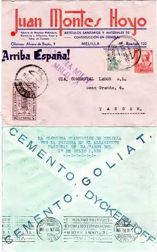 Spanien 1937, 3 Marken auf Firmen Brief m. Zensur v. Melilla n. Tanger Marokko