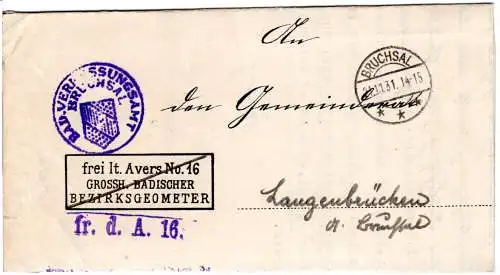 DR 1931, frei lt. Avers No.16 Grossh. Bad Berzirksgeometer auf Brief v. Bruchsal