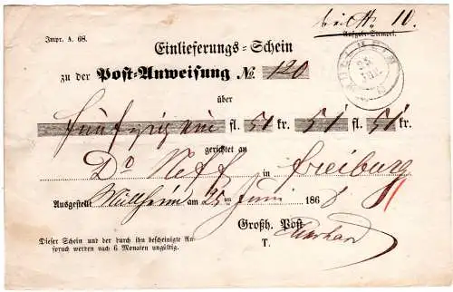 Baden 1868, K2 Müllheim auf Postschein f. eine Post-Anweisung 