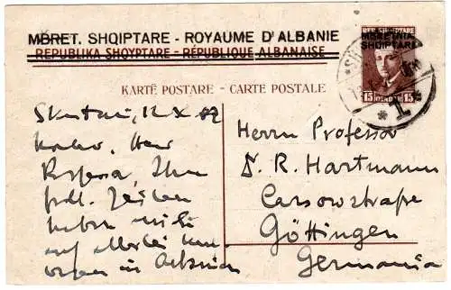 Albanien 1932, 15 Q. Überdruck-Ganzsache, Auslandsverwendung v. Shkoder n. Dt.