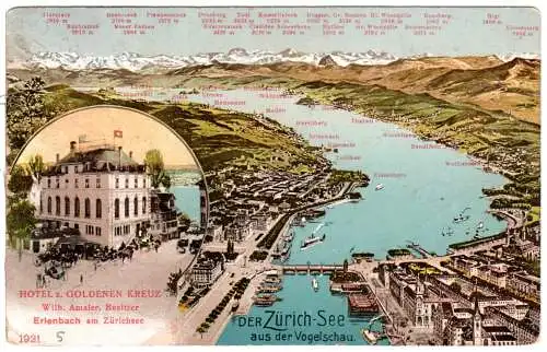 Schweiz, Zürich-See u. Hotel z. Goldenen Kreuz, 1907 gebr. Farb-AK