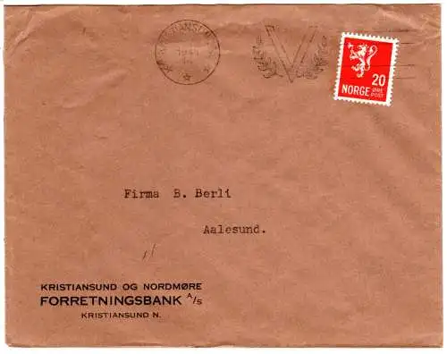 Norwegen 1941, Kristiansund N. Propaganda V-Maschinenstempel auf Brief m. 20 öre