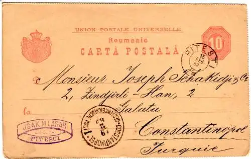 Rumänien 1889, K2 Pitesti klar auf 10 Bani Ganzsache n. Constantinopel Türkei