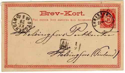 Norwegen 1880, saubere 10 öre Ganzsache v. Christiania via Stockholm n. Finnland