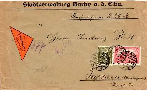 DR 1921, 1 Mk.+10 Pf. auf Nachnahme Brief v. Barby n. Tegernsee