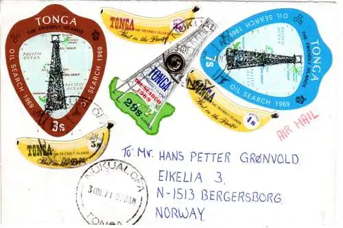 Tonga 1971, 3 Erdöl u. 3 Banane Marken auf Brief v. Nukualofa n. Norwegen