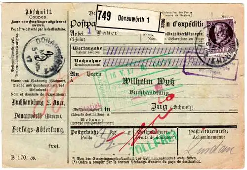 Bayern 1917, 80 Pf. auf Paketkarte v. Donauwörth 1 i.d. Schweiz