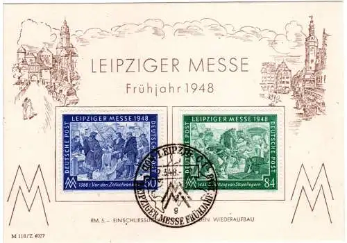 1948, 50+84 Pf. Leipziger Messe auf Ereigniskarte m. entpr. Ersttagsstpl. FDC!