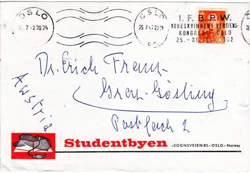 Norwegen 1962, Brief m. Oslo Yrkeskvinner (berufstätige Frauen) Maschinen Stpl. 
