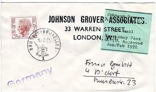 GB 1971, Emergency post strike cover with Belgium 3,50 F. from London to Germany