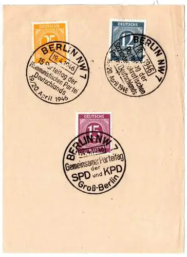 1946, Sondertstpl. Berlin Gemeinsamer Parteitag SPD u. KPD auf Blatt m. 3 Marken