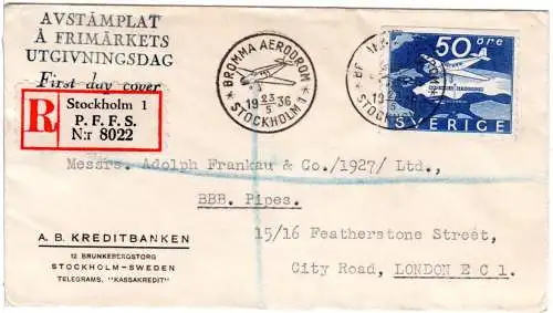 Schweden 1936, 50 öre Flughafen Bromma auf FDC Luftpost Einschreiben Brief n. GB