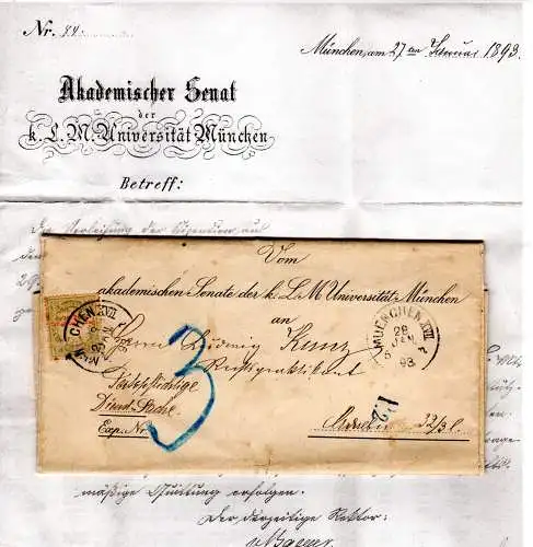 Bayern 1893, 3 Pf. Porto auf Universitäts Brief v. München XVII (Adalbertstr.)