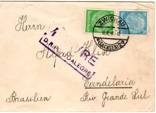 DR 1938, 20+5 Pf. auf Brief v. Zwickau n. Rio Grande Sul m. Brasilien Zensur