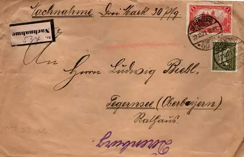 DR 1921, 1 Mk.+10 Pf. auf Nachnahme Brief v. Derenburg n. Tegernsee