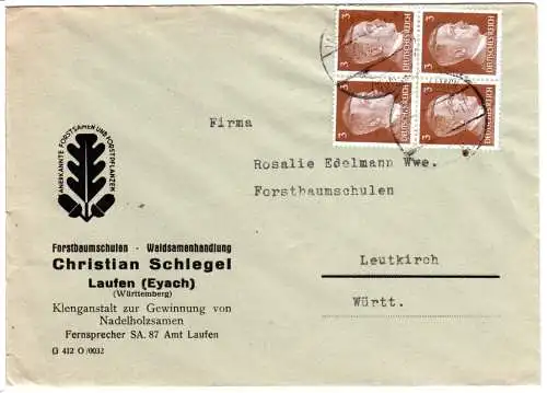 DR 1943, 4er-Block 3 Pf. auf Firmen Brief v. Laufen (Eyach) n. Leutkirch