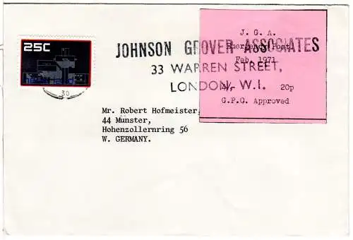 GB 1971, Emergency post strike cover with NL 25 C. from London to Germany