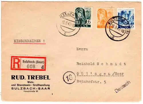 Saar 1947, 3+6+75 Pf. auf Firmen Einschreiben Brief v. Sulzbach n. Güdingen