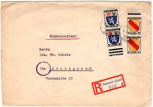Saar 1946, 24+30 F. je im Paar auf Einschreiben Brief v. Sulzbach n. Stuttgart.