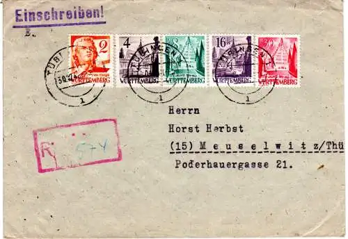 Franz. Zone 1949, 5 Marken auf portorichtigem Einschreiben Brief v. Tübingen