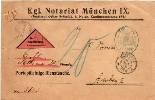 Bayern 1914, K2 PORTO-KONTROLLE AMBERG klar auf Dienstsache NN-Brief v. München