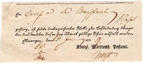 Württemberg 1839, Postschein v. Ellwangen