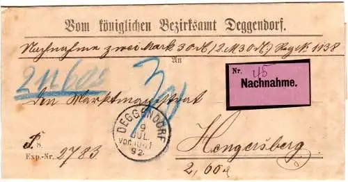 Bayern 1892, K1 Deggendorf auf Nachnahme Brief n. Hengersberg 