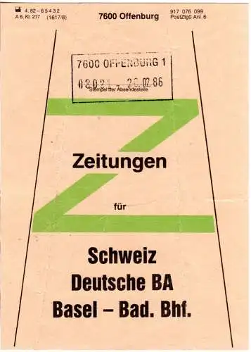 BRD 1986, Offenburg, Briefbundzettel f. Zeitungen n. Basel Bad. Bahnhof, Schweiz
