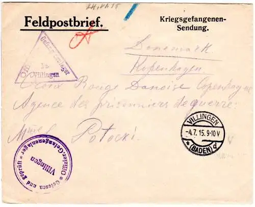 DR 1915, Villingen Baden, Offizierslager KGF POW Zensur Brief n. Dänemark. 