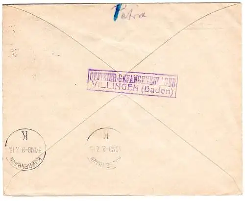 DR 1915, Villingen Baden, Offizierslager KGF POW Zensur Brief n. Dänemark. 