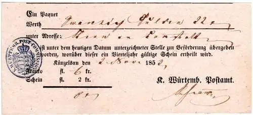 Württemberg 1852, Postschein v. Künzelsau m. Siegelstempel