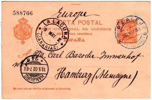 Spanien 1902, LOS REALEJOS Canarias, blauer Tenerifa-Stpl. auf Ga n. Hamburg