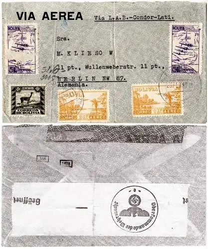 Bolivien 1941, 5 Marken auf LATI Luftpost Brief v. La Paz m. dt. OKW-Zensur