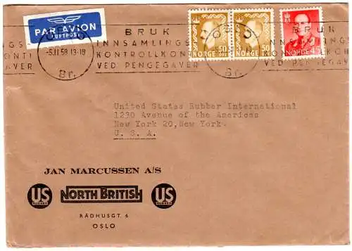 Norwegen 1958, 45+2x50 öre auf Luftpost Brief n. USA m. Oslo Maschinenstempel.