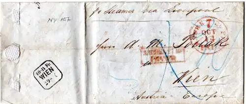 USA 1857, roter R2 AACHEN FRANCO auf Transatlantik Brief v. NY n. Österreich
