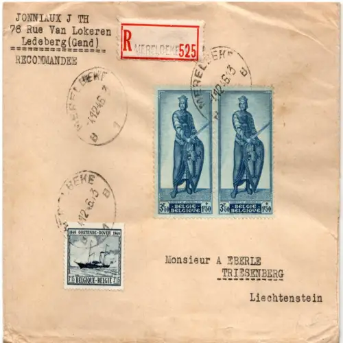 Belgien 1946, 3,15 F.+Paar 3,50 F. Robert de Jerusalem auf R-Brief v. Merelbeke