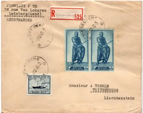 Belgien 1946, 3,15 F.+Paar 3,50 F. Robert de Jerusalem auf R-Brief v. Merelbeke