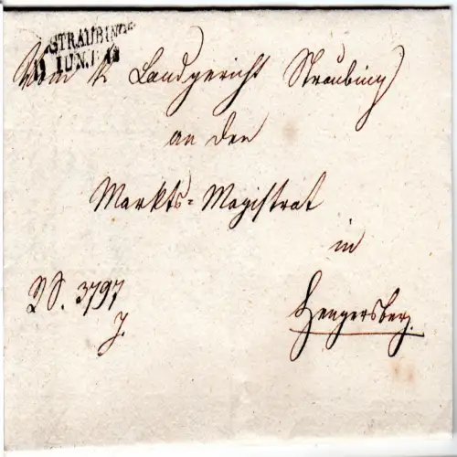 Bayern 1818, aptierter L2 Straubing auf Brief an den Magistrat in Hengersberg 