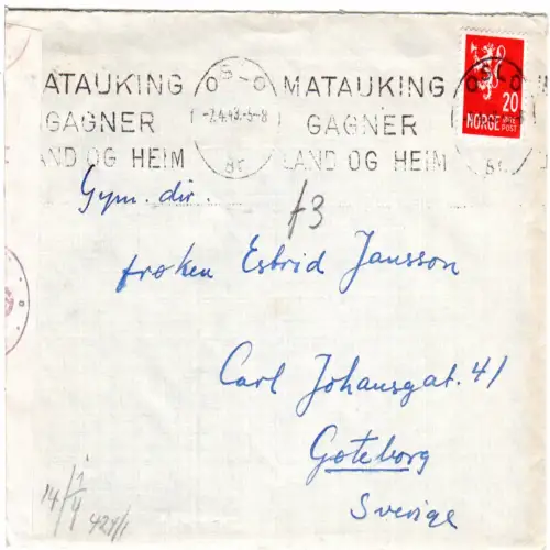 Norwegen 1943, 20 öre auf Zensur Brief n. Schweden m. Oslo Maschinen Werbestpl. 
