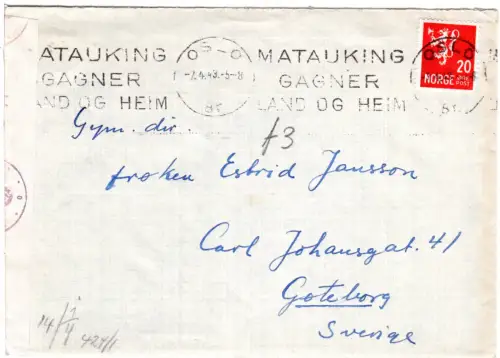 Norwegen 1943, 20 öre auf Zensur Brief n. Schweden m. Oslo Maschinen Werbestpl. 