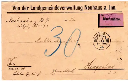 Bayern 1893, K1 Neuhaus A.Jnn auf Nachnahme Brief n. Hengersberg 