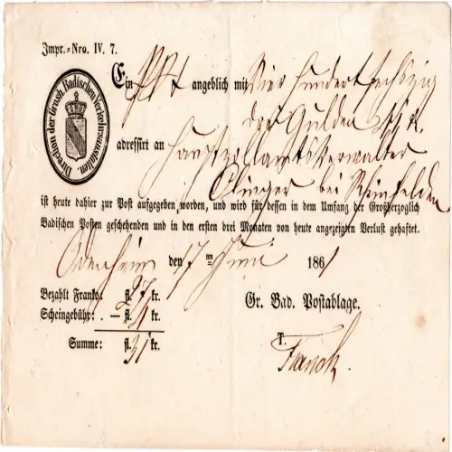 Baden 1861, Postschein v.d. Gr. Bad. Postablage Odenheim