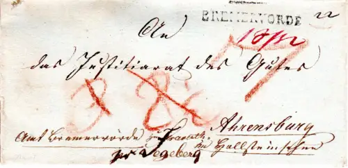 Hannover 1827, L1 Bremervörde auf Porto Brief n. Ahrensburg pr Segeberg Holstein