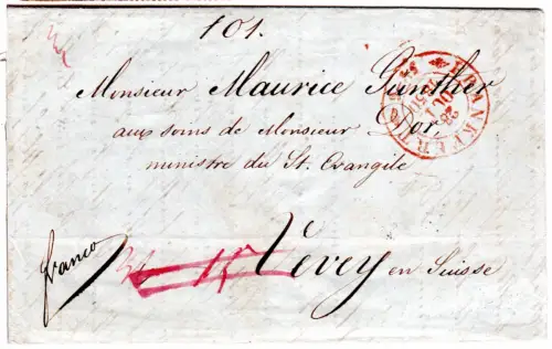 Taxis 1850, roter K2 Frankfurt auf Franko Brief n. Vevey Schweiz