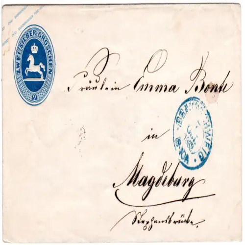 Braunschweig 1862, sauber gebr. 2 SGr. Ganzsachenumschlag (U2) n. Magdeburg.